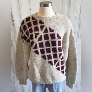 Vintage Hand-Knit Wool Mohair Geometric Burgundy natural‎ fibers large